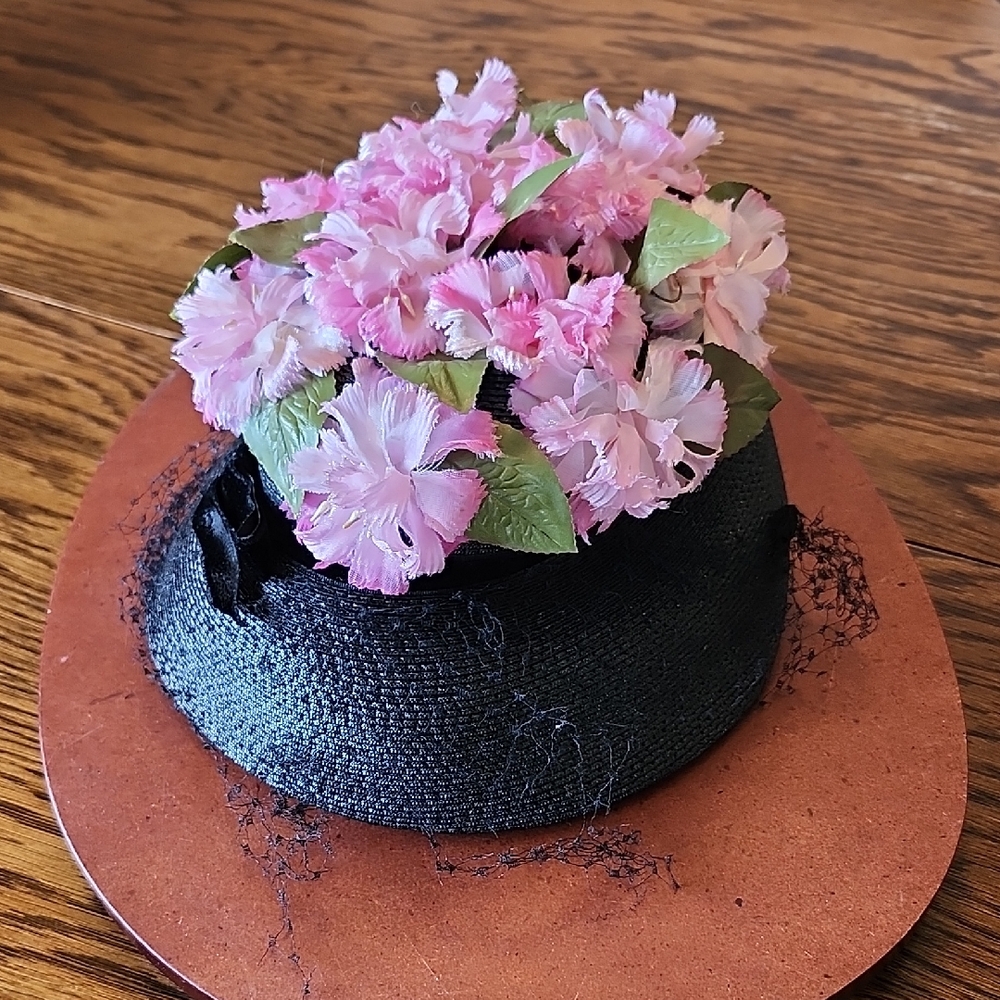 Vintage 1950s Black Straw Pillbox Hat Pink Floral Veiling Union Made Dress Hat